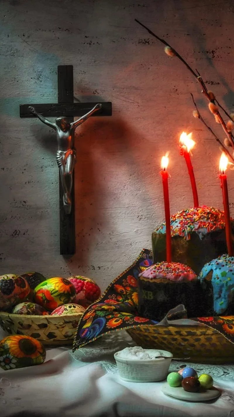 Jesus, candles, cakes, eggs, easter, cross, christian, christ, HD phone wallpaper