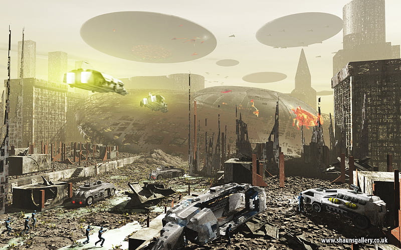 last stand, tanks, explosions, fighters, soldiers, spaceships, rubble, HD wallpaper