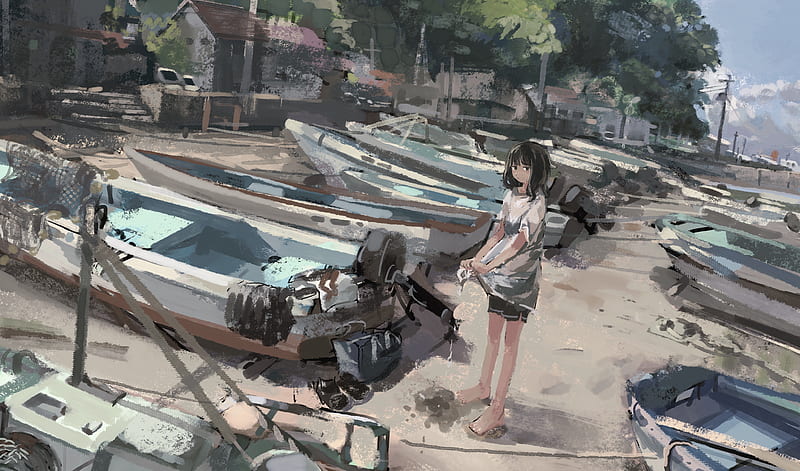 Anime, Girl, beach, Boat, HD wallpaper