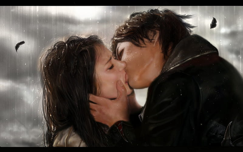 Romantic kiss in the rain, rain, couples, kiss, love, HD wallpaper