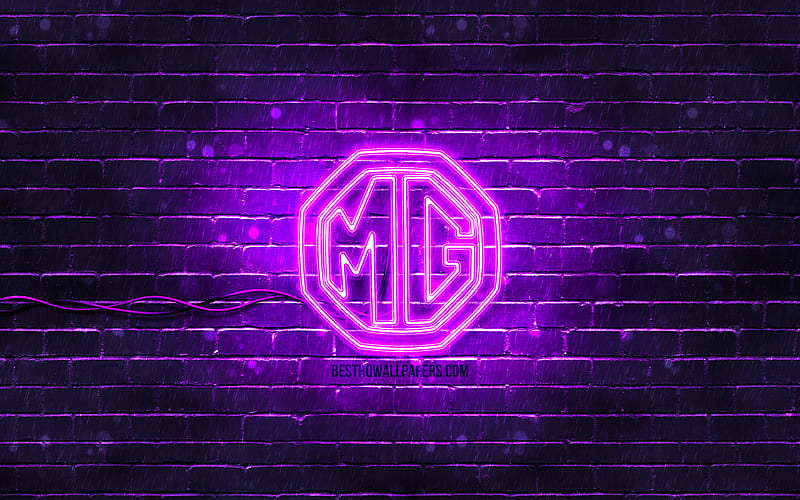 MG violet logo violet brickwall, MG logo, cars brands, MG neon logo, MG, HD wallpaper