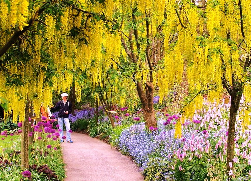 Painting the beauty of spring, walkway, flowers, painter, colors, beauty, park, man, trees, HD wallpaper