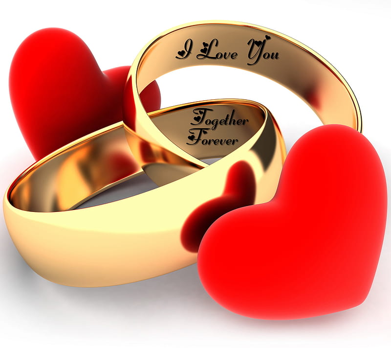Forever Love, forever together, golden rings, love, red hearts, romantic, HD wallpaper