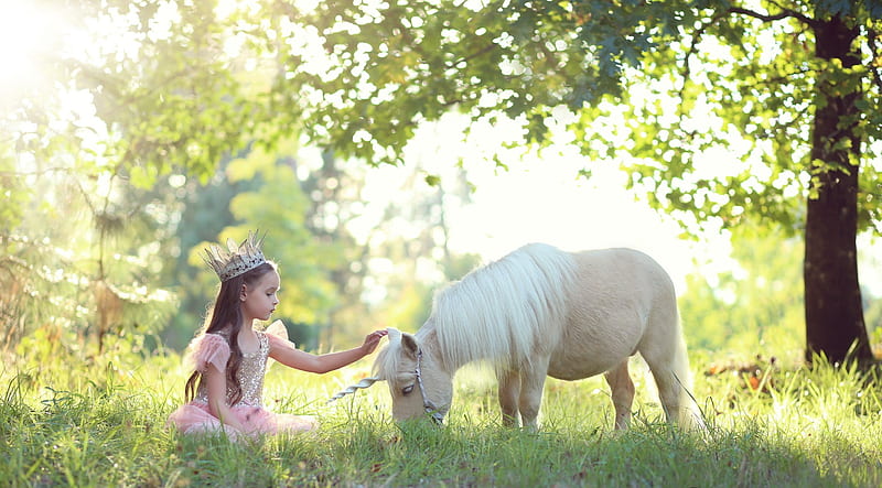 Little ones, green, girl, unicorn, poney, copil, child, white, baby, HD wallpaper