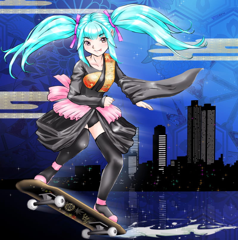 Girl, kimono, movement, skateboard, anime, HD phone wallpaper | Peakpx
