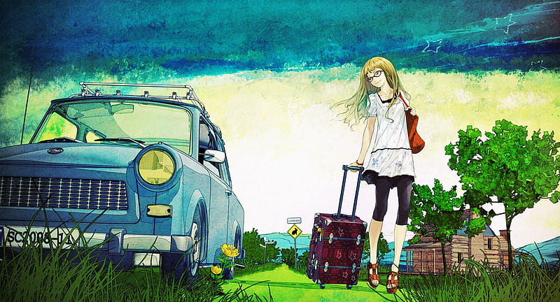 Coming home, female, original, trolley, manga, blonde hair, artwork, long blonde hair, redjuice, girl, travelling, anime, car, long hair, blue car, HD wallpaper