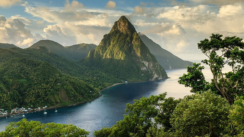 Saint Lucia, Caribbean, mountains, lucia, nature, trees, saint, sea, landscape, HD wallpaper