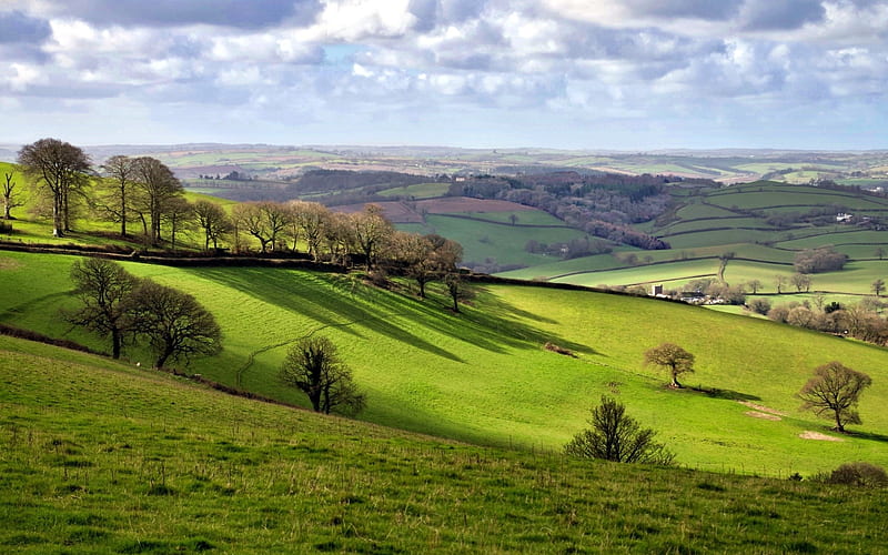 View from Raddon Hill, hills, clouds, England, landscape, fields, HD wallpaper