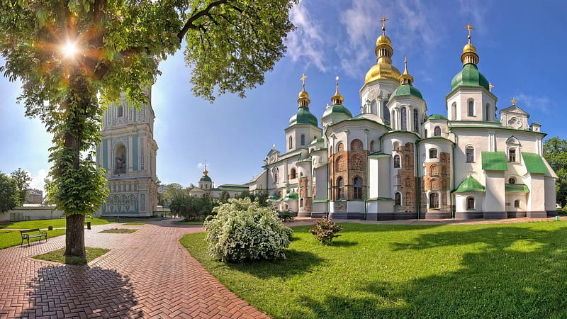 magnificent st. sophia cathedral kiev, cathedral, tree, sun, walkway, HD wallpaper