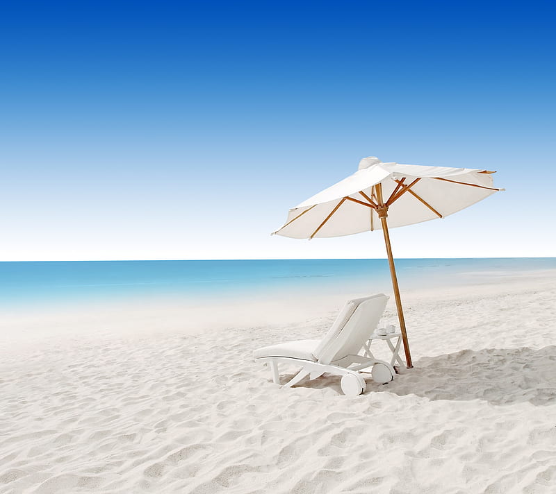 beach, blue, nature, sand, sea, umbrella, white, HD wallpaper