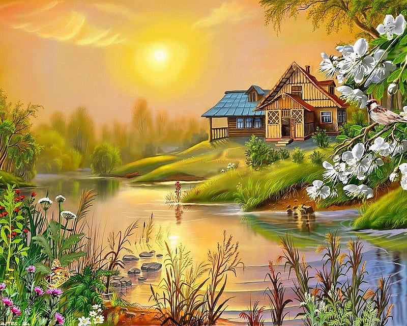 Sunrise birds, sun, cottage, rise, yellow, bright, painting, birds, creek, HD wallpaper