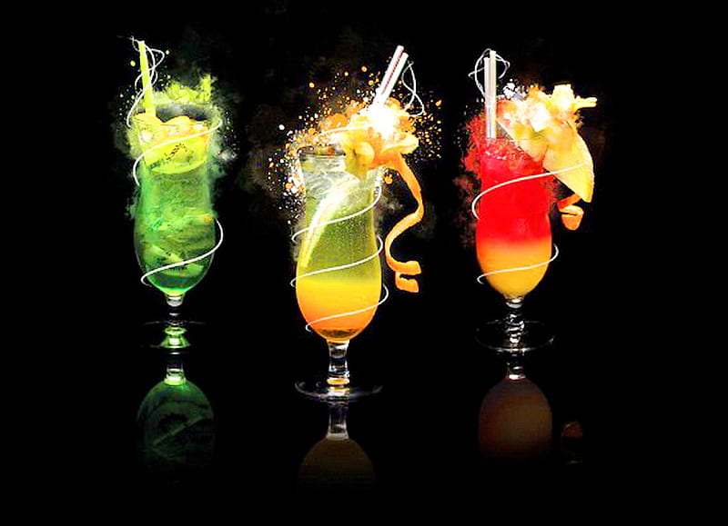 Fancy and fun, red, drinks, three, colors, yellow, swirls, fruit, green, black background, HD wallpaper
