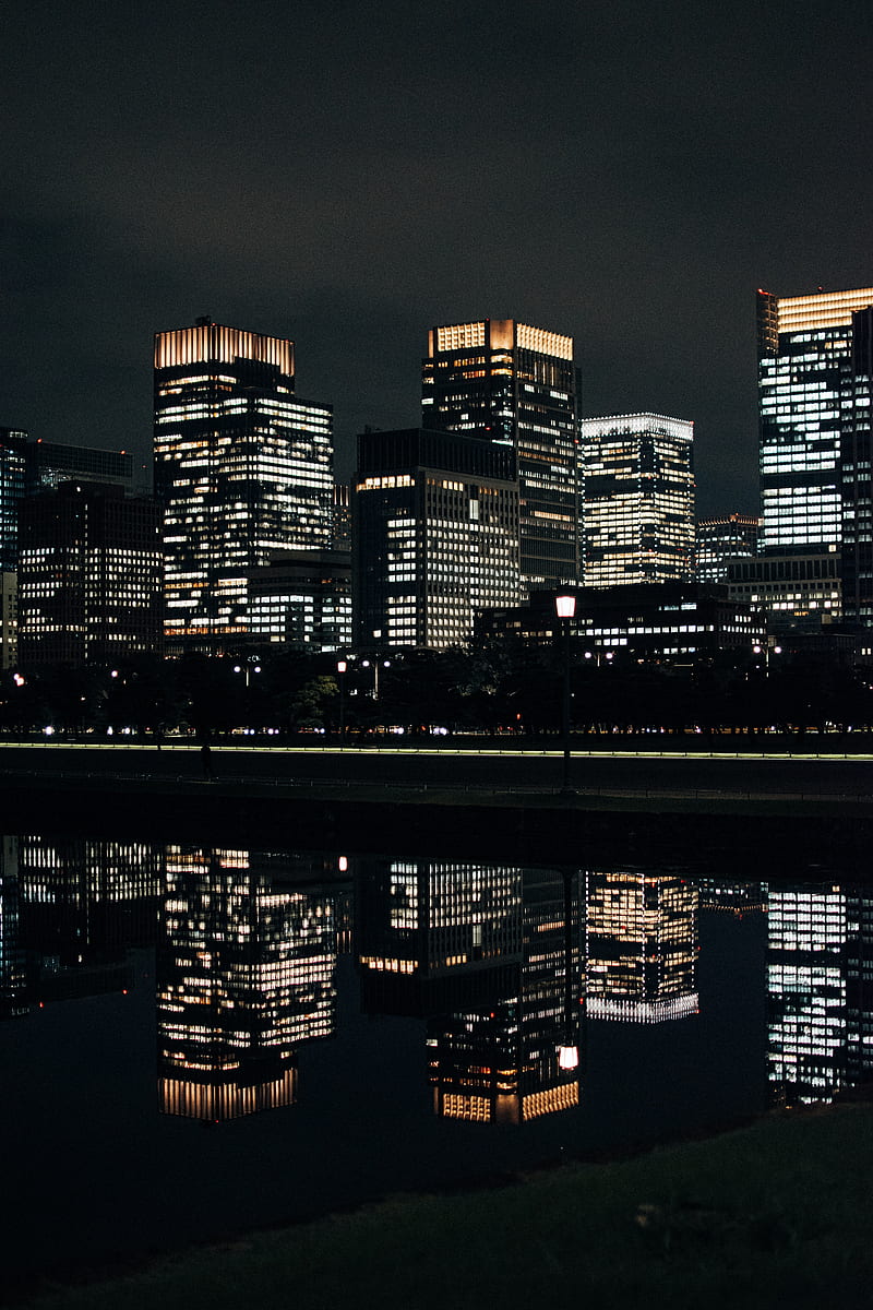 night city, building, reflection, HD phone wallpaper