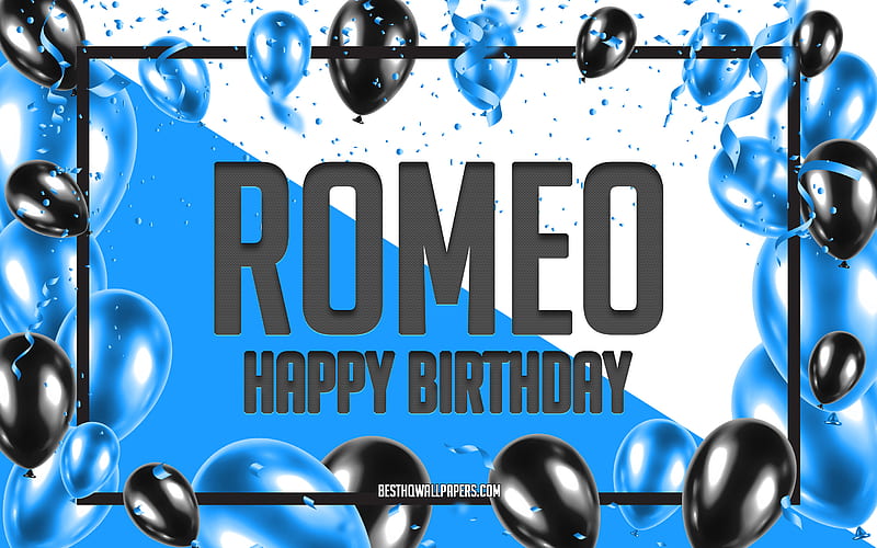 Happy Birtay Romeo, Birtay Balloons Background, Romeo, with names, Romeo Happy Birtay, Blue Balloons Birtay Background, greeting card, Romeo Birtay, HD wallpaper