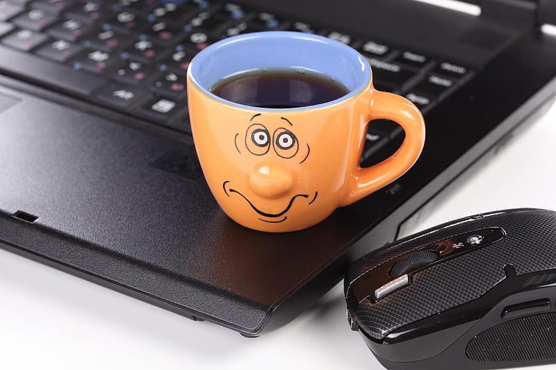 Time for coffee..., office, bonito, mug, laptop, graphy, nice, cool, coffee, funny, HD wallpaper