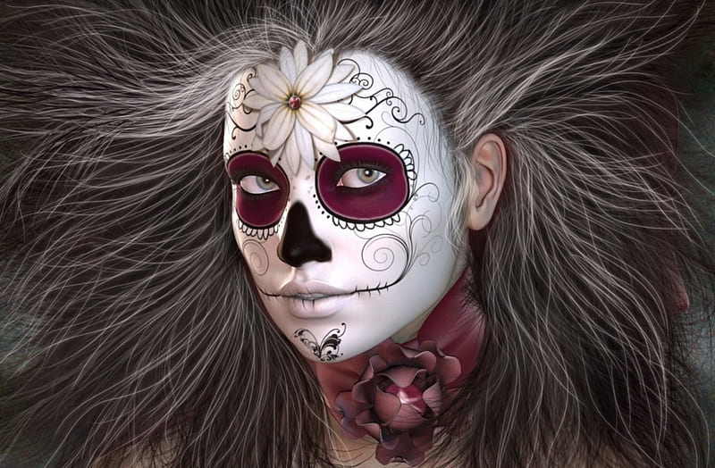 Day Of The Dead Art, flower, wild hair, woman, skull, HD wallpaper | Peakpx