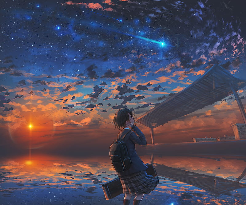 anime landscape, scenery, school uniform, sunset, falling stars, reflection, Anime, HD wallpaper