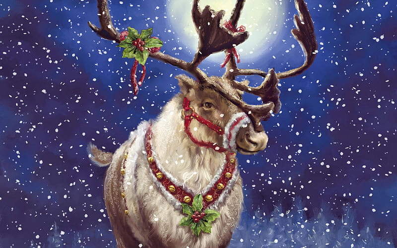 Rudolph, santa, christmas, sledge, deer, HD wallpaper