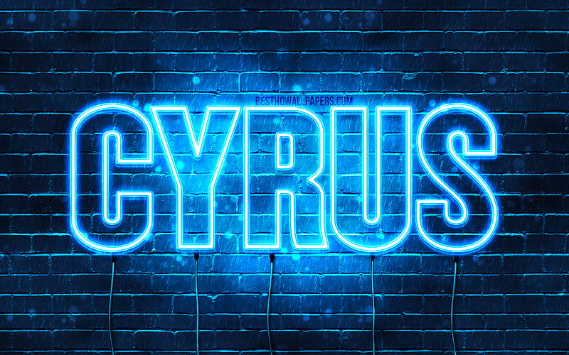 Cyrus with names, horizontal text, Cyrus name, blue neon lights, with Cyrus name, HD wallpaper