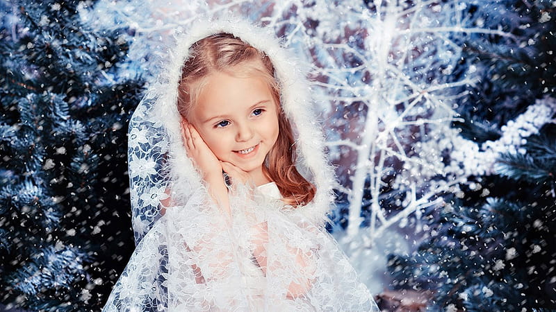 Cute Little Girl Is Standing In Snow Falling Background Wearing White Dress Cute, HD wallpaper