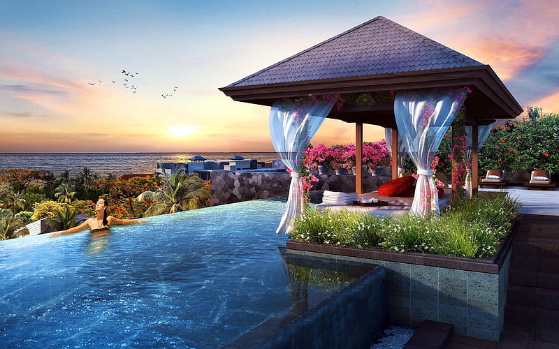 Romantic luxurious overwater spa, Sea, Luxury, Paradise, Relaxing, Outdoor, HD wallpaper