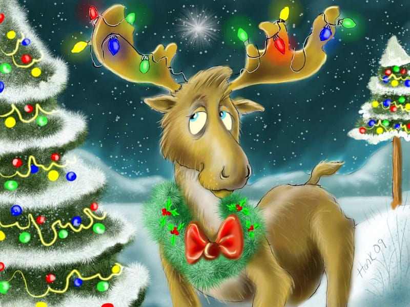 Christmas moose, bonito, deer, lights, sweet, painting, frost, art, moose, holiday, christmas, sky, winter, cute, tree, snow, snowflakes, snowfall, HD wallpaper