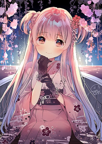 anime girl, long hair, kimono, moe, cute, gloves, flowers, Anime, HD phone wallpaper