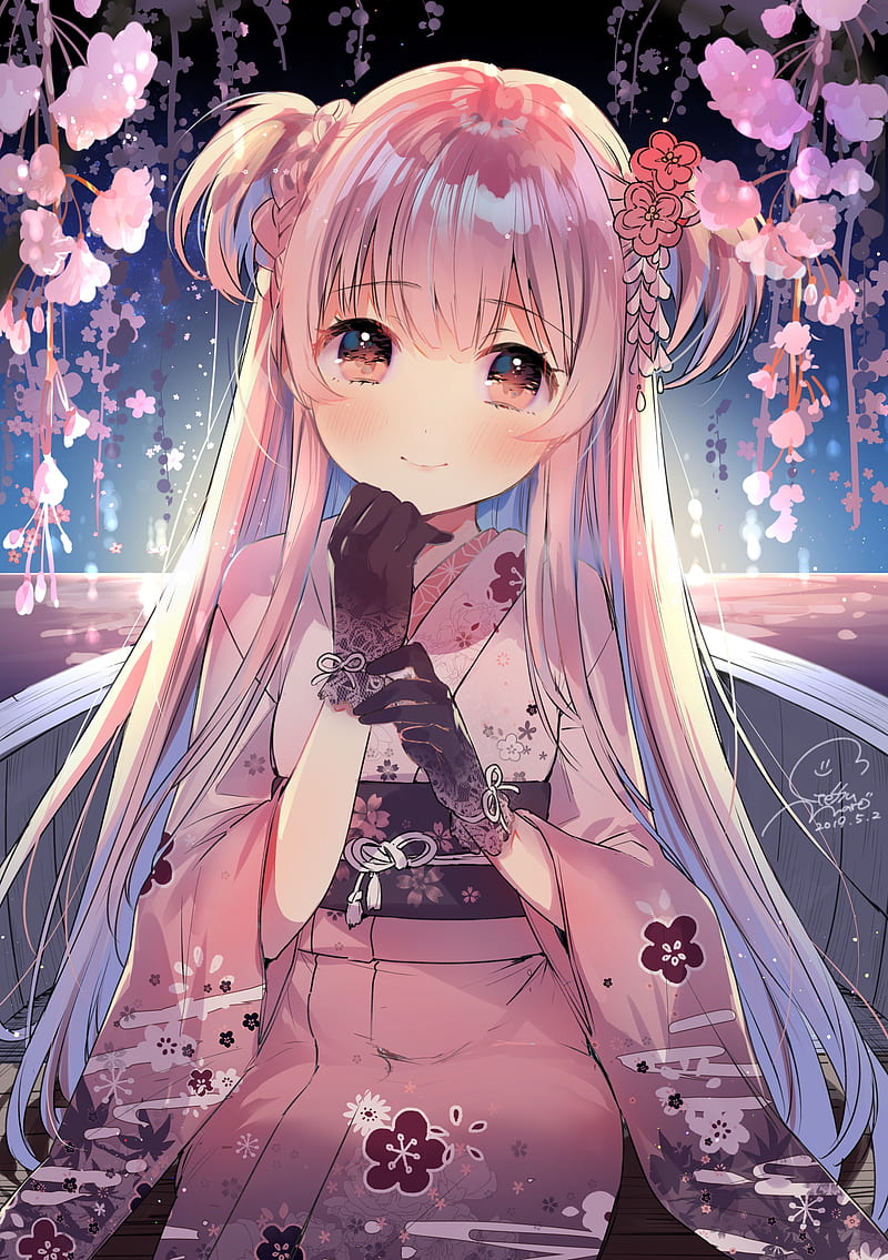 anime girl, long hair, kimono, moe, cute, gloves, flowers, Anime, HD mobile wallpaper