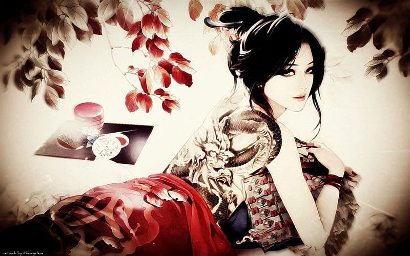 Fantasy Girl, female, original, tattoo, bonito, woman, geisha, flower petals, fantasy, asian, nature, black hair, HD wallpaper