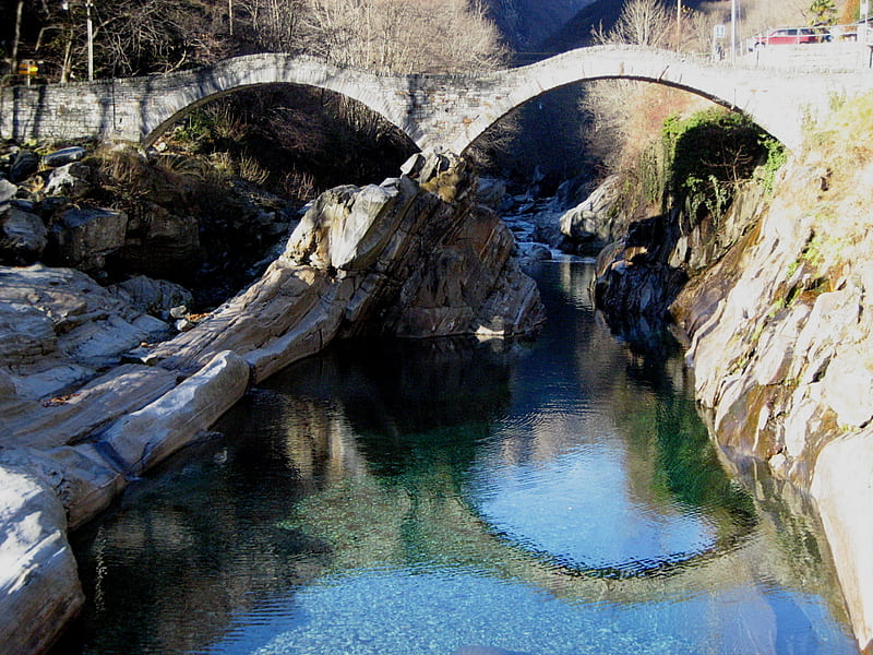 bridge, rocks, stone, ticino, river, reflection, HD wallpaper