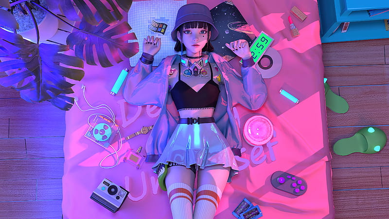 Retro Punk Anime Girl Lying On Bed , anime-girl, anime, retro, artist, artwork, digital-art, HD wallpaper