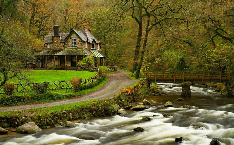 Beautiful House on the River, architecture, house, nature, trees, rivers, HD wallpaper