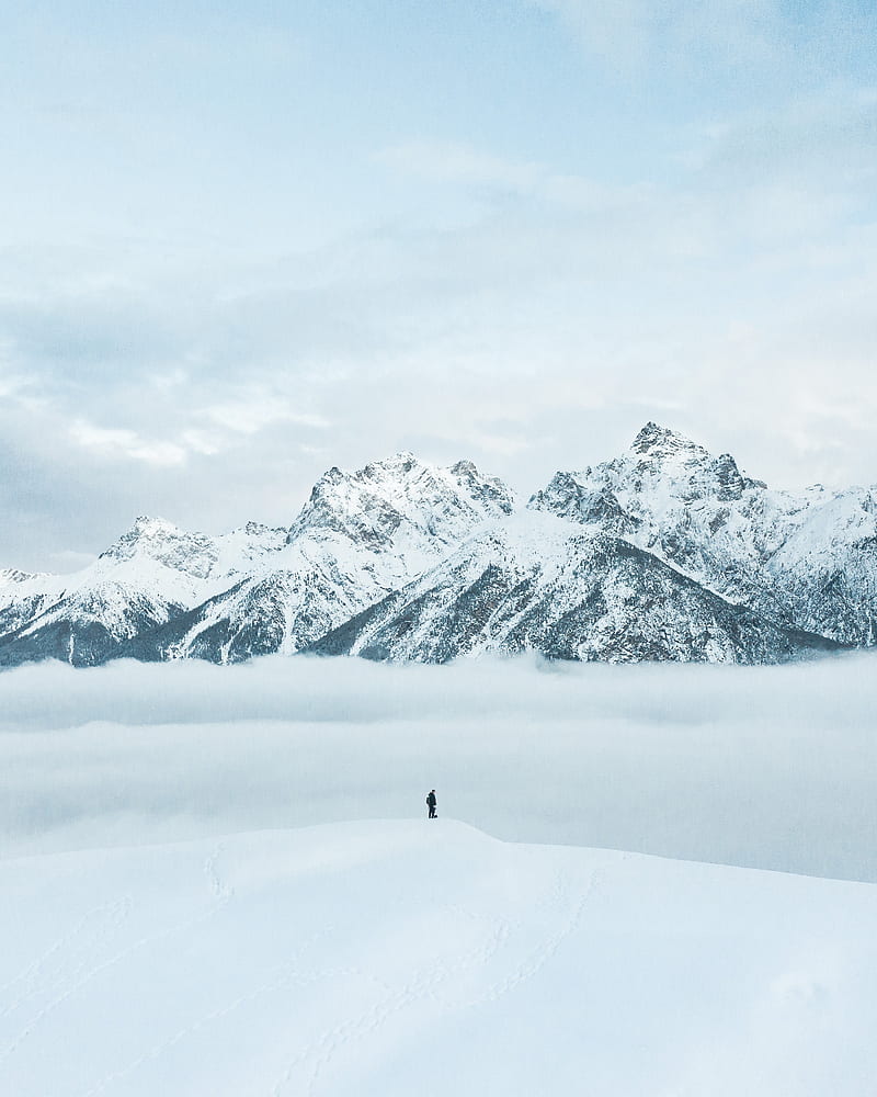 mountains, snow, man, silhouette, alone, HD phone wallpaper