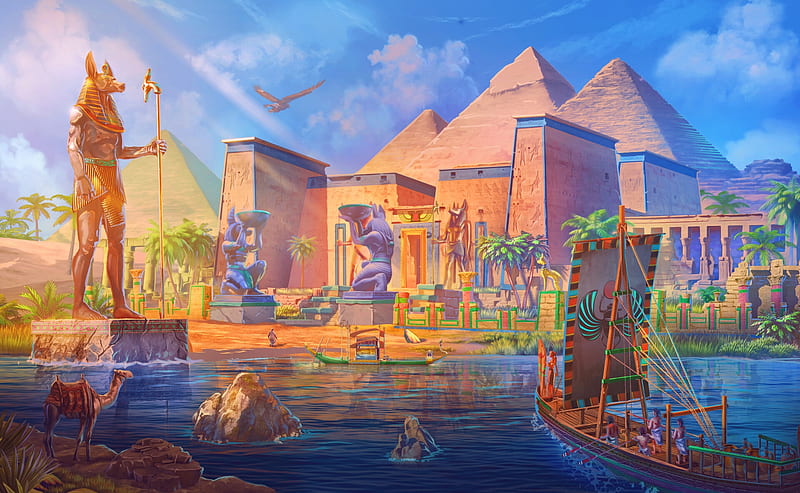 Ancient Egypt by Ilija Mandic, fantasy, water, boat, orange, ilija mandic, pyramid, egypt, art, luminos, blue, HD wallpaper