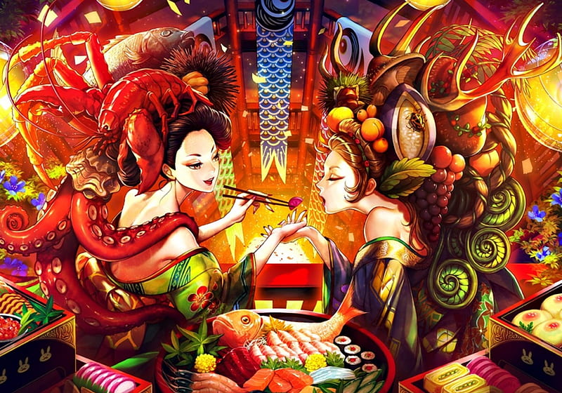 Taste!, red, orange, food, manga, woman, illustration, tajima yukie, girl, anime, asian, couple, HD wallpaper