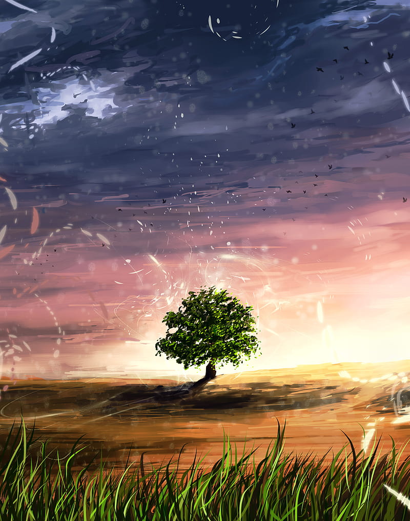 tree, shine, sparks, art, landscape, glade, HD phone wallpaper