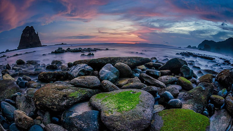 Papuma Beach at Sunset, beach, stone, moss, nature, sunset, clouds ...