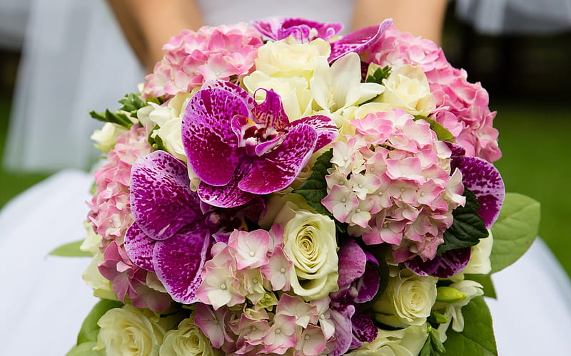 wedding bouquet of orchids, bride, wedding concepts, bridal bouquet, purple orchids, wedding bouquet, HD wallpaper
