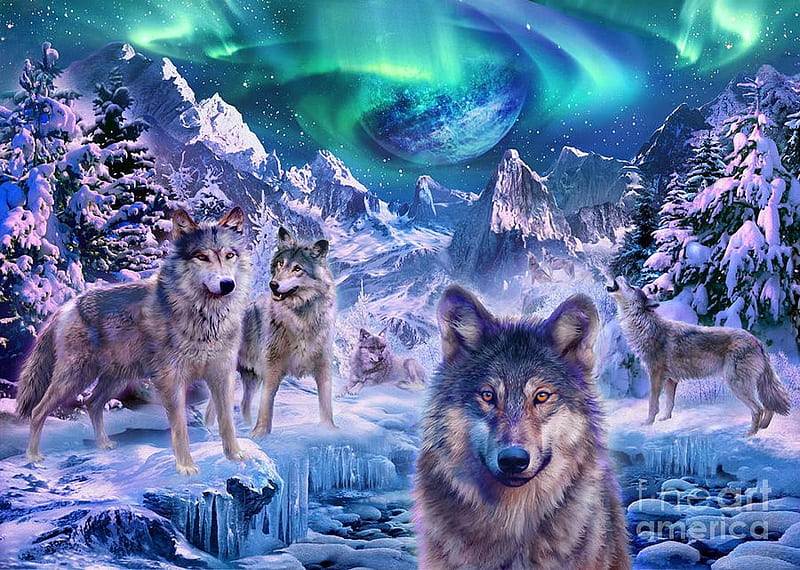Wolfpack in Winter, predator, northern Lights, snow, painting, wolf, wolves, artwork, HD wallpaper