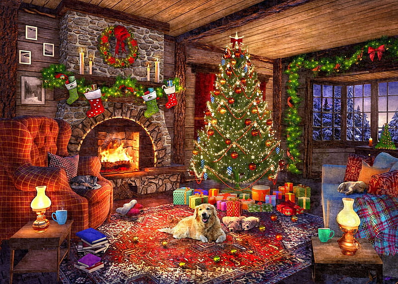 Cozy Cabin Christmas, fire, ornaments, tree, digital, room, dog, artwork, chimney, HD wallpaper