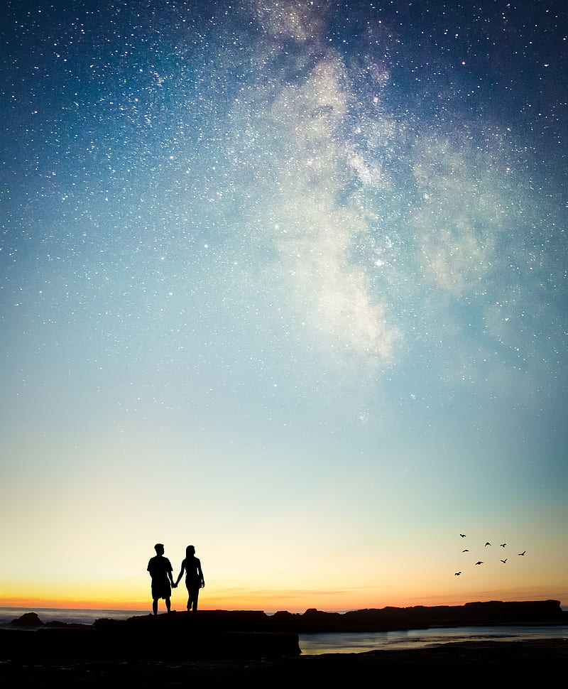 couple, silhouettes, twilight, horizon, milky way, love, HD phone wallpaper