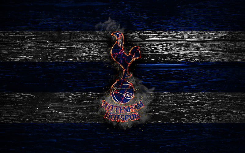 Tottenham Hotspur FC, fire logo, Premier League, blue and white lines, english football club, grunge, football, soccer, logo, Tottenham Hotspur, wooden texture, England, HD wallpaper