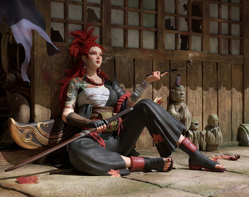 Samurai girl, fantasy, luminos, redhead, samurai, katana, cifangyi, sword, HD wallpaper