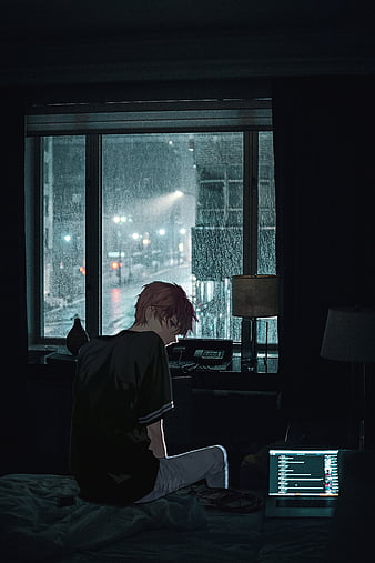 Sad Anime Boy, aesthetic, rain, depressed, anime boys, window, lonely, HD phone wallpaper