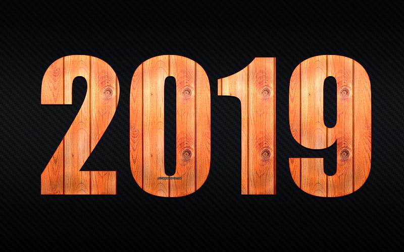 2019 year, gray background, wooden letters, light wooden texture, Happy New Year, 2019 concepts, creative art, HD wallpaper