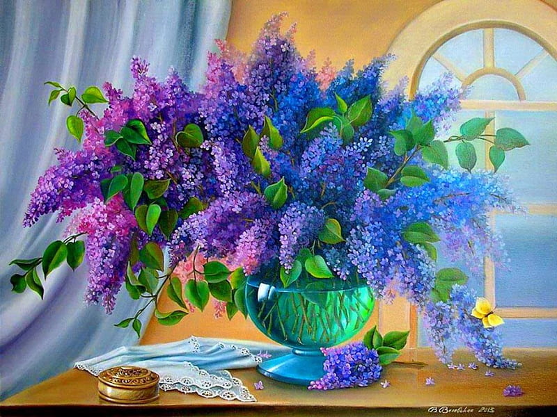 Still life, lilac, pretty, lovely, window, vase, scent, bonito, fragrance, lvoely, delicate, freshness, bouquet, flowers, harmony, HD wallpaper