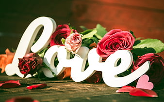 flowers, heart, word, love, valentine, typography, HD wallpaper
