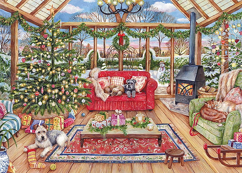 :), art, tree, craciun, christmas, room, pictura, cat, dog, painting, HD wallpaper