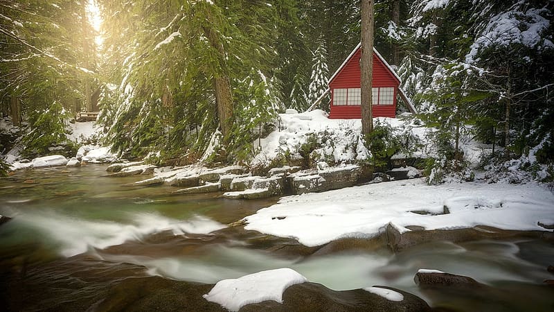 Winter at the Snoqualmie River, Washington, water, usa, ice, trees, cabin, snow, rocks, HD wallpaper