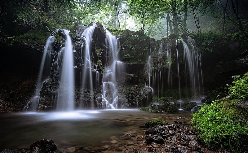 Beech forest waterfall, egy kis vizeses, vizfolyas, termeszet, moha, novenyek, kod, Bukk erdo, fak, HD wallpaper